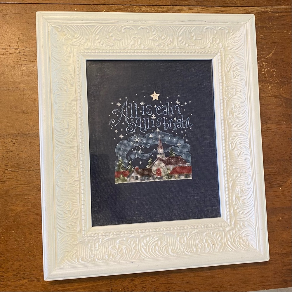 Vintage White Framed Christmas Cross-Stitch Art